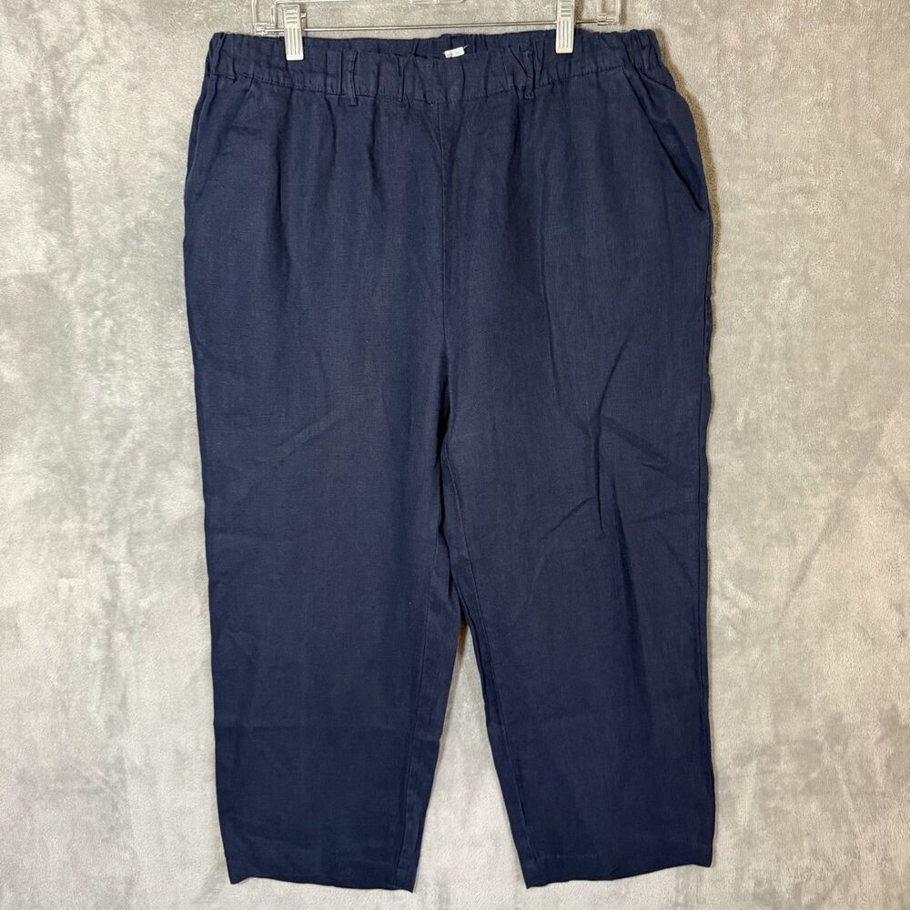 Quince European 100% Linen Deep Navy Wide Leg Pants L Beach Coastal Pull On